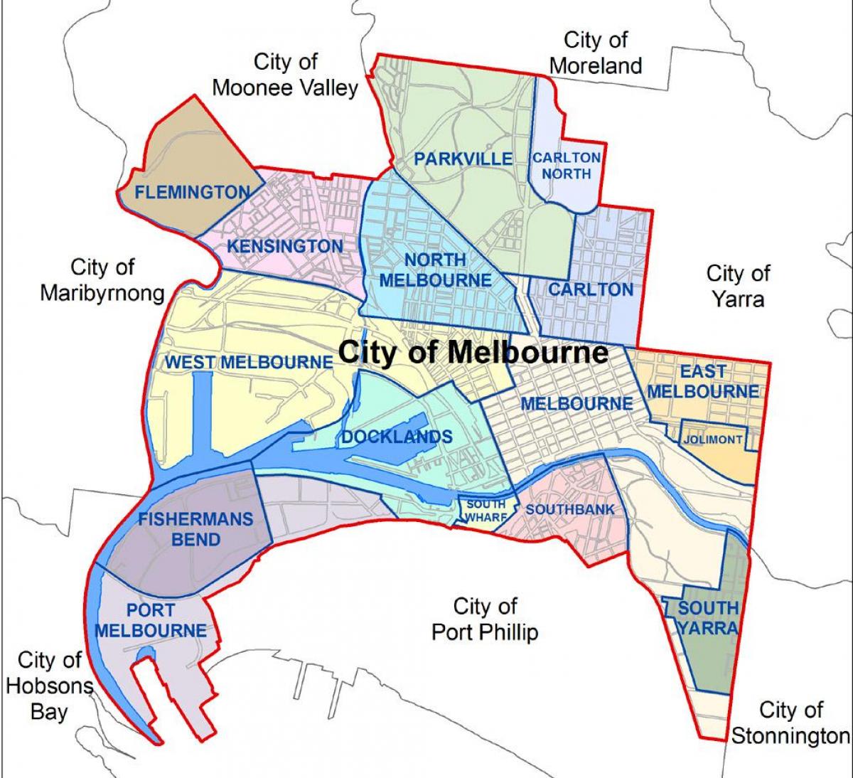 kaart van Melbourne en die omliggende voorstede