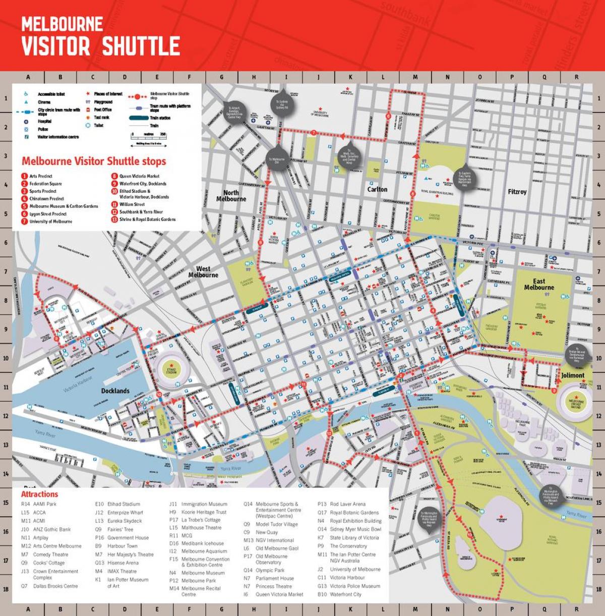 Melbourne stad toerisme-aantreklikhede kaart